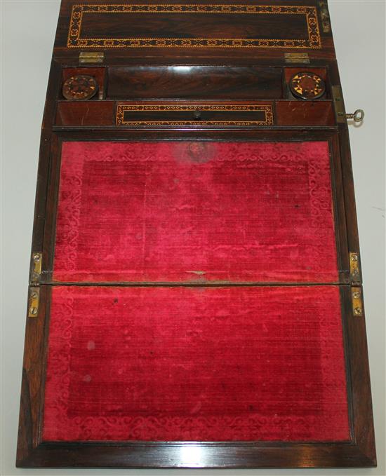 A Victorian rosewood Tunbridge ware writing slope, 12in.